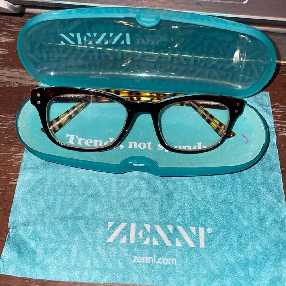 Zenni Boho rectangle brown eyeglasses with case and cloth.